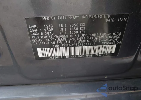 2015 Subaru Legacy 2.5I Premium from USA, damaged, VIN 4S3BNAC69F3041105